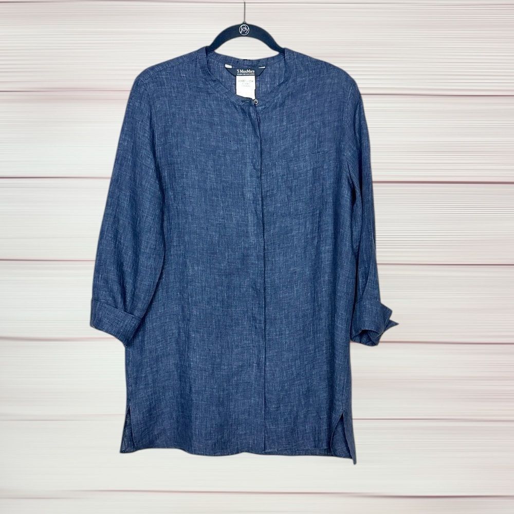 S Max Mara Linen Tunic Top Longline Blouse Blue EU 40 US 10 Hidden Placket NWT